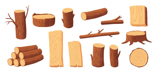Cartoon stacked trunks. Wooden trunk cutting tree timbers materials, cut wood log lumber piece logging trees stump board hardwood construction material set neat vector illustration of trunk lumber