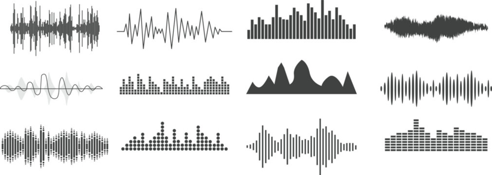 Black sound waves. Abstract music wave, radio signal frequency and digital voice visualisation. Tune equalizer vector set. Monochrome volume audio lines, soundwaves rhythm isolated on white background