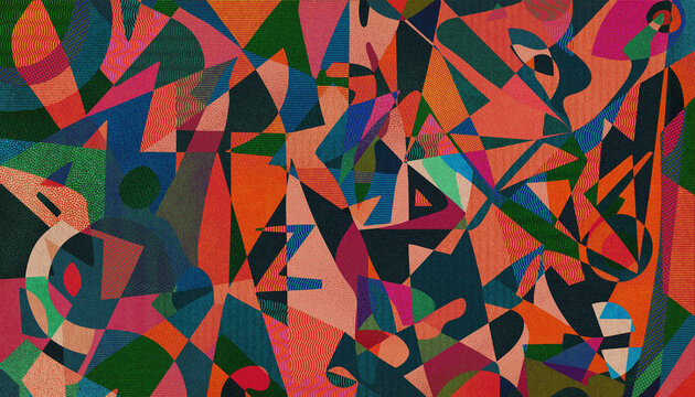 Shattered Harmony - Colorful Abstract Geometric Collage with Overlapping Shapes and Textured Patterns