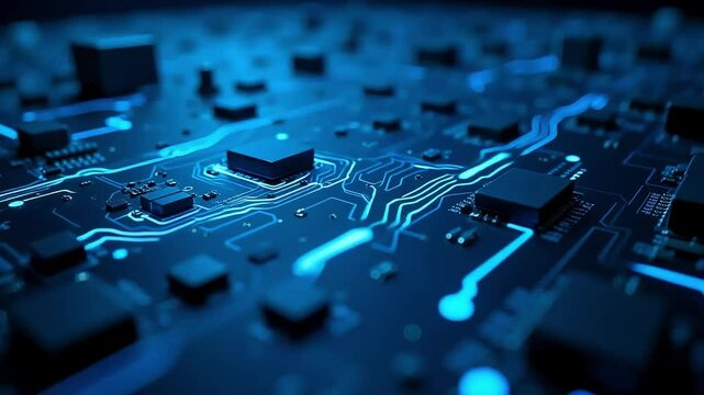 Closeup of blue glowing electronic circuit board with digital microchip connections


