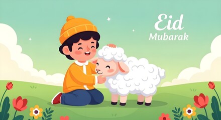 Naklejka premium Boy Hugging Sheep Illustration - Happy Child with White Sheep, Eid Mubarak Text, Green Field Landscape, Islamic Holiday Qurbani