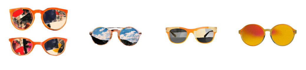 Collection of fun sunglasses with cool lens, cut out transparent