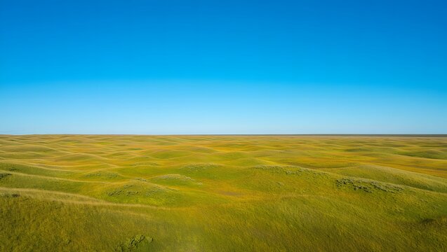 A beautiful summer landscape featuring a green field of grass or wheat under a clear blue sky with white clouds, stretching towards the horizon - Powered by Adobe