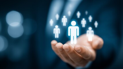 symbols of people in hands of a elite manager in suits, human resources management concept