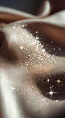 Macro image of sparkly highlighter powder scattered across a satin fabric surface