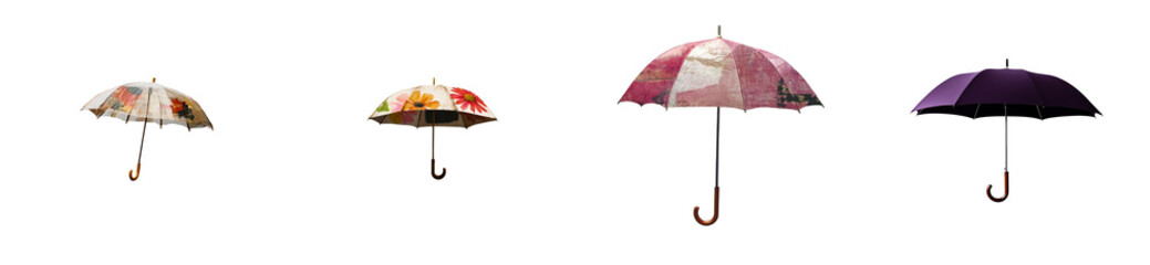 Four unique umbrellas with different patterns, cut out transparent