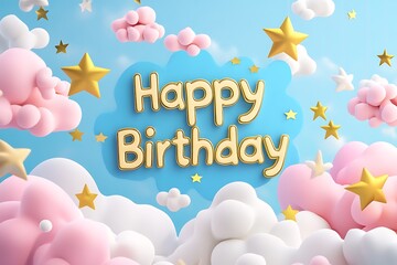 A cheerful "Happy Birthday" sign floating among pastel clouds and golden stars 