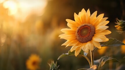 Fototapeta premium A stunning sunflower stands tall and proud amidst a sunlit field, showcasing vibrant yellow petals and a textured center, symbolizing cheerfulness and nature's beauty.