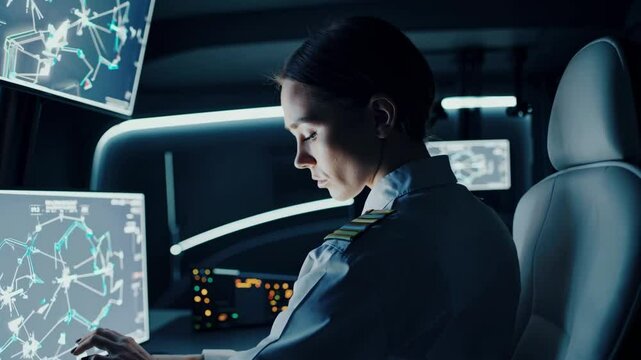 Pilot operates advanced navigation system in futuristic cockpit environment during flight simulation exercise