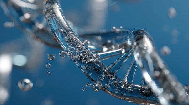 Macro shot of a DNA double helix model with glossy, translucent strands, suspended in clear blue liquid