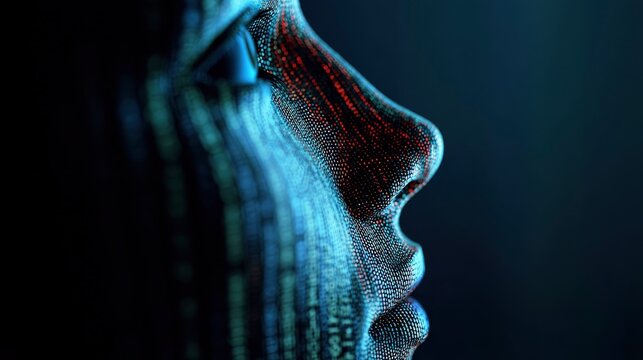 Macro shot of a translucent face silhouette made of layered glass panels, illuminated by binary code