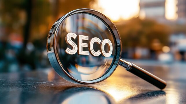 A magnifying glass with the word SEO in focus, representing the concept of search engine optimization and digital marketing.