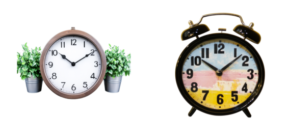Two clocks with plants, time symbol concept, cutout transparent