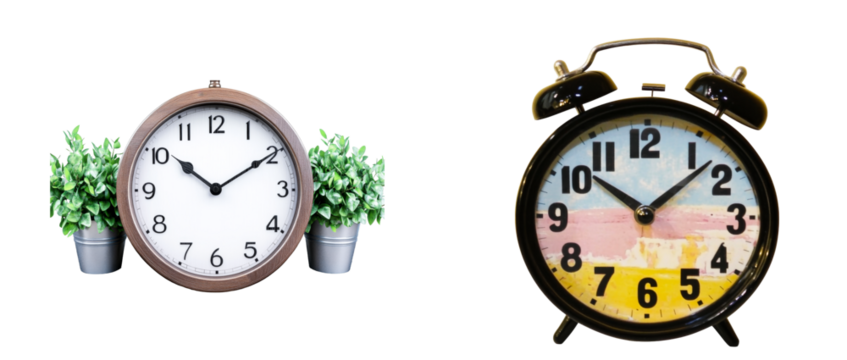 Two clocks with plants, time symbol concept, cutout transparent