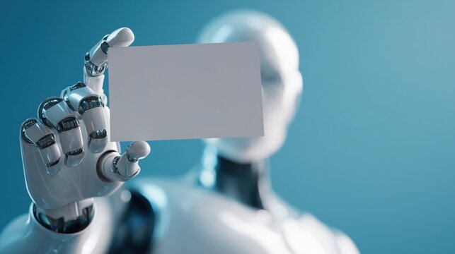 AI humanoid robot with a sleek, white, glossy surface, holding a vertically oriented, blank white card with smooth rounded corners extremely close to the camera, the card nearly fills the entire frame