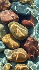 Naklejka premium Macro view of smooth river stones partially submerged in clear water, light refracting across their surfaces