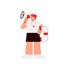 Male lifeguard standing shouting with a loudspeaker. A man in black shorts grabs a megaphone aloud to swimmers, professional swimming coaches, or teacher cartoon vector illustrations