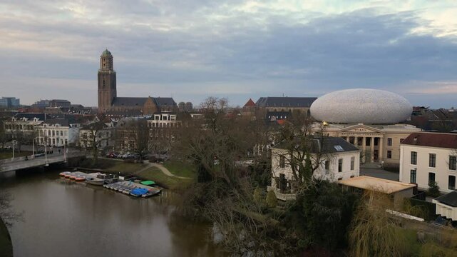 Zwolle old historic city center and city walls overhead skyline. Canal around city with rich history, Pepperbus church tower, Sassenpoort, Onze Lieve Vrouwebasiliek aerial