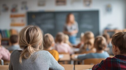 A classroom scene with children sitting at desks. A female teacher stands in front of a blackboard, engaging with students. The children are diverse in appearance.