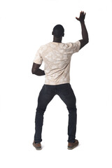 back view of a man push up with one hand on white background