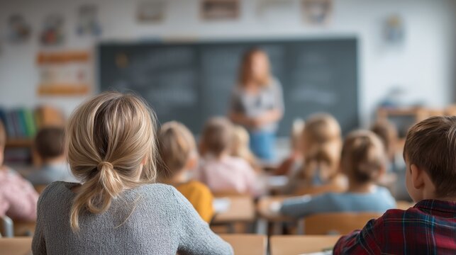 A classroom scene with children sitting at desks. A female teacher stands in front of a blackboard, engaging with students. The children are diverse in appearance. - Powered by Adobe