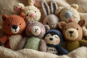 Adorable Knitted Toy Animals Resting on a Soft Blanket
