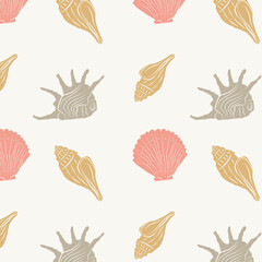 Vintage seamless marine pattern with hand drawn seashells. Vintage marine silhouette in groovy naive style. Summer coastal design element for prints, fabrics, wallpaper, packaging, wrapping, tshirt