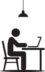 Office worker vector icon isolated on white background. Working place at the table with a laptop. Flat work computer icon