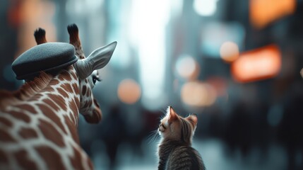 A whimsical image depicting a giraffe wearing a hat standing beside a curious cat in an urban environment, blending juxtaposed elements of wildlife and city life in a playful scene.