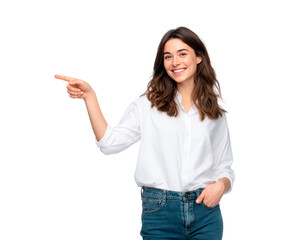 A smiling businesswoman pointing at a blank space on transparent background, PNG