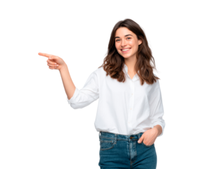 A smiling businesswoman pointing at a blank space on transparent background, PNG