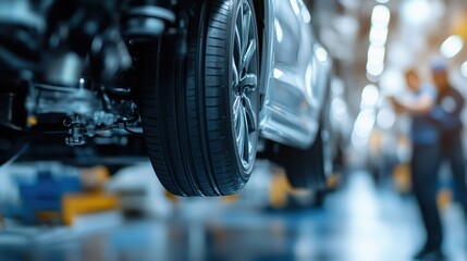 An up-close view of a tire under a car, showcasing automotive mechanics, craftsmanship, and the intricate workings of vehicles, perfect for automotive enthusiasts and professionals alike.