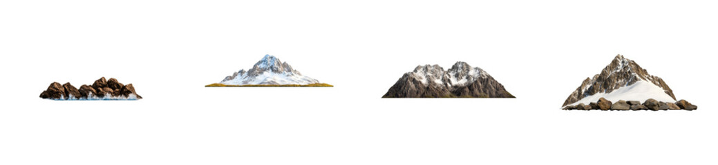 Four different snow capped mountain peak selections, cut out transparent