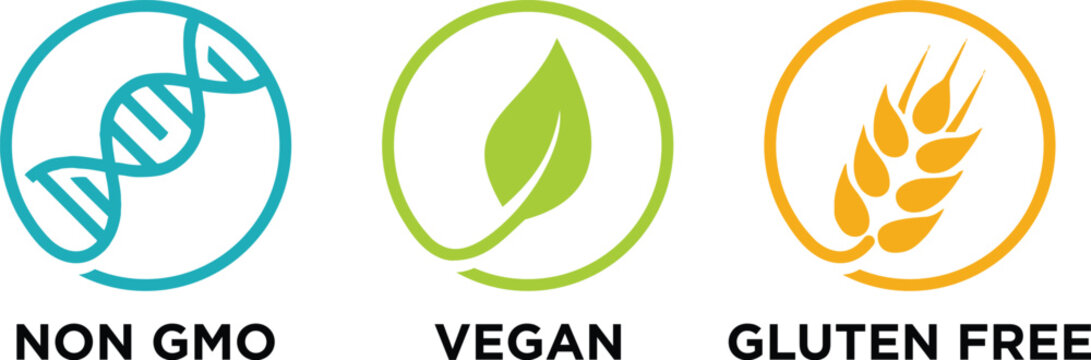Non GMO, Vegan, Gluten Free Icons | Healthy Food Product Labels