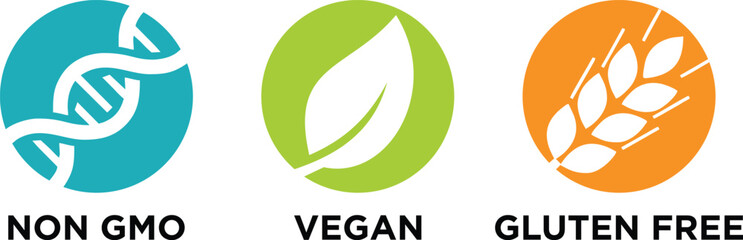 Non-GMO, Vegan, and Gluten Free Icons | Food Product Labels for Health and Dietary Needs