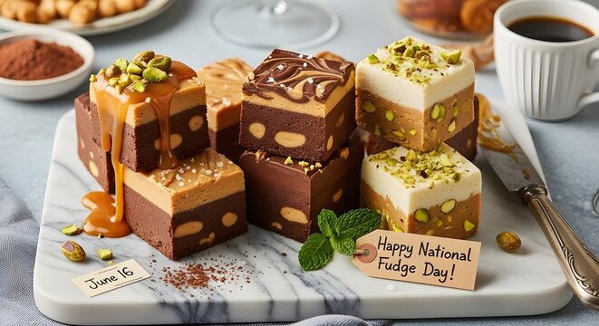 National Fudge Day Celebration &ndash; Peanut Butter, Penuche & Chocolate Fudge Assortment on Rustic Table