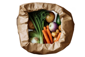 A Colorful Harvest: Fresh, Locally Sourced Vegetables Overflowing from a Rustic Brown Paper Bag on a Dramatic Black Backdrop