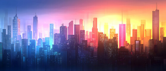 Colorful Futuristic City Skyline at Sunrise