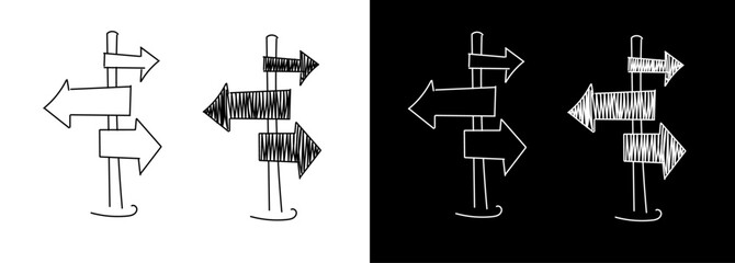 Doodle line drawing of direction signpost arrows to the right and left. Pointer symbol illustration