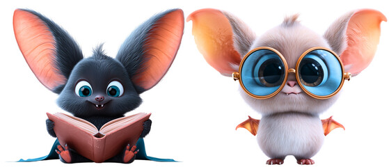 cute & children friendly bat characters: in sunglasses and book reader isolated over white (transparent) bacground; concept of nature lesson with myths about bats, adorable halloween character 