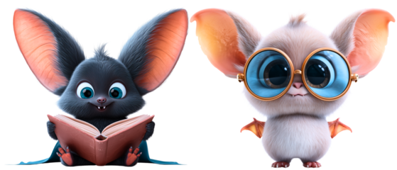 cute & children friendly bat characters: in sunglasses and book reader isolated over white (transparent) bacground; concept of nature lesson with myths about bats, adorable halloween character 