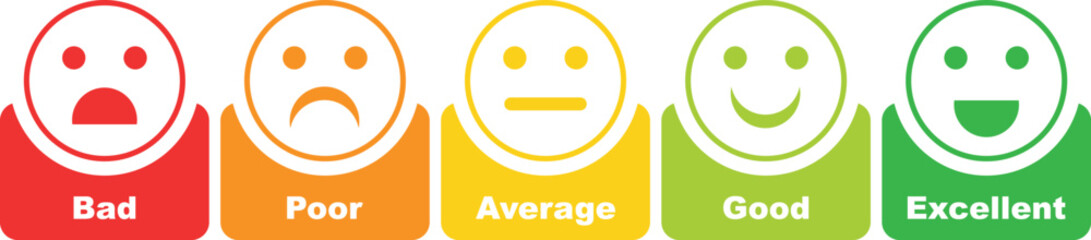 Smiley rating icon set. rating emojis set in different colors outline. Flat icon set of rating and feedback emojis icons color outline. emotion levels on scale different faces icon.