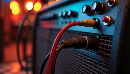 Guitar amplifier with audio cables connected in a music studio  