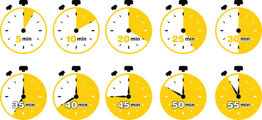 Yellow Timer Clock Icons Showing Minutes 5 to 55 | Time Management and Countdown Graphic