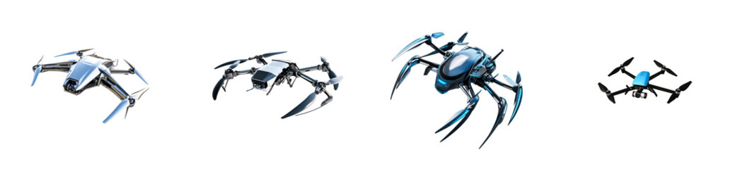 Four diverse unmanned aerial vehicle designs, isolated, cut out transparent