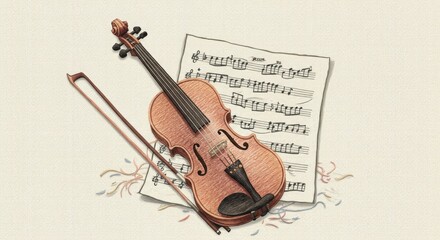 Fototapeta premium Digital Embroidery Style Illustration of a Violin and Sheet Music