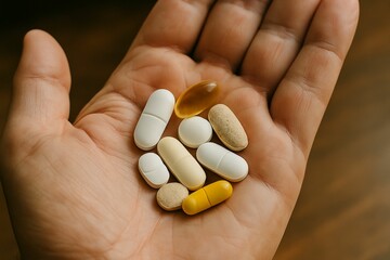 Assorted Pills and Supplements in a Human Hand

