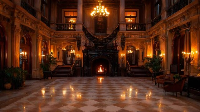 A luxurious interior view of a grand estate with an elegant fireplace. The interior is adorned with chandeliers, stylish chairs and lights, with an expansive checked floor