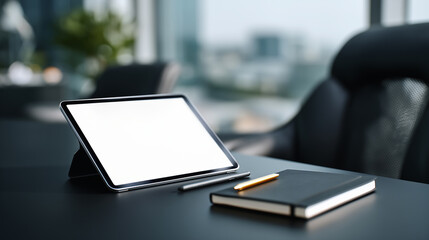 Digital tablet with blank screen on modern office desk next to notebook and pens in front of window with city view. 