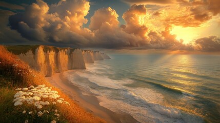 Dramatic sunset over coastal cliffs